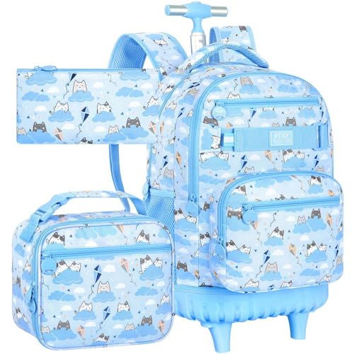 KLFVB Rolling Backpack for Girls and Womens, 3PCS Roller Bookbag with Lunch Bag for Kids, Wheeled School Bag for Children - Blue Cloud Cat - color: Blue Cloud Cat