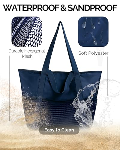 HOMESPON Beach Bag Large Waterproof Sandproof Tote for Women with Zipper and Mesh Pockets - color: Navy, size: Medium