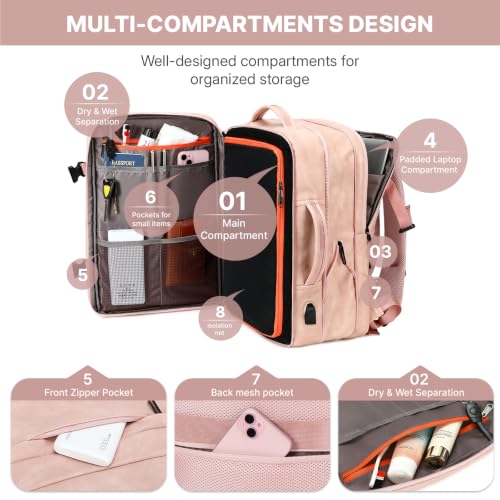 Travel Backpack Women, PU Leather Carry On Backpack Flight Approved, Pink - color: Pink