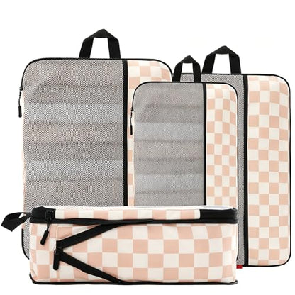 U+U 4 Set Compression Packing Cubes, Travel Organizers (Khaki Checkered) - color: Khaki Checkered, size: 4 Set