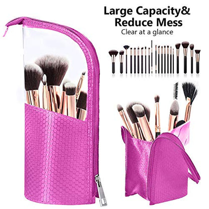 Travel Make-up Brush Holder Organizer Bag，Clear Plastic&Oxford Cosmetic Zippered Case，Portable Waterproof Stand-Up Makeup Brush Pouch (rose red) - color: rose red