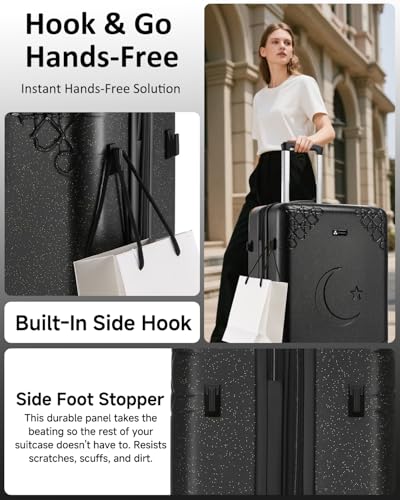 Somago 3 Piece Luggage Set with Cup Holder, Expandable 25% Capacity Suitcase with Shock-Absorbing Braking Spinner Wheels Moon Star Design Hardside Suitcase with TSA Lock (Black,Expandable Sets) - color: Black, size: Expandable 3-Piece Set(20/24/28)