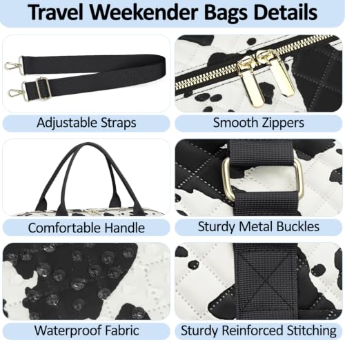 Tenot Quilted Duffle Bag for Women Travel Tote Bag with Luggage Sleeve - color: Cow Print, size: Medium