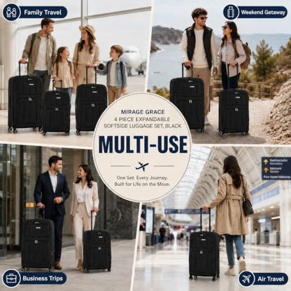 Mirage Grace 4 Piece Expandable Softside Luggage Set, Black - color: Black