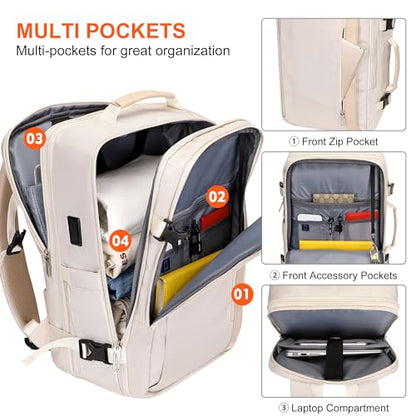 PIJUSHI Travel Backpack, TSA Carry On Bag Flight Approved, Fits 16" Laptop - color: Beige