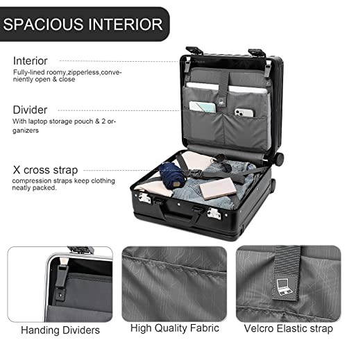 Somago Aluminum Frame 18" Carry On Luggage Wide Handle Suitcase Built-In Double TSA Lock Hardside Lightweight PC Travel Suitcase with Spinner Wheels, Black - color: Black, size: 18 Inch Carry On