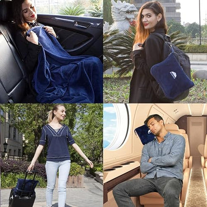 BlueHills Premium Soft Long Travel Blanket Pillow Airplane - Navy Blue - color: Navy-long-t051