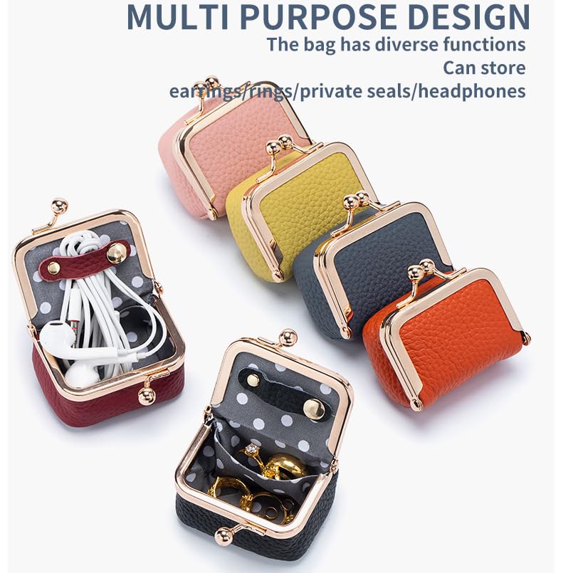 Genuine Leather Mini Jewelry Box & Coin Purse for Women, Travel Jewelry Case with Kiss Lock, Holds Earrings, Rings, Necklace, Bracelet, Coins (Dark Blue) - color: Dark Blue - 2.5in