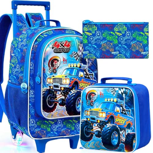 3PCS Truck Rolling Backpack for Boys, 18" Kids Roller Bookbag with Light-Up Wheels, 2-in-1 Wheeled School Backpack for Elementary Preschool Kindergarten (Blue) - color: Blue Truck