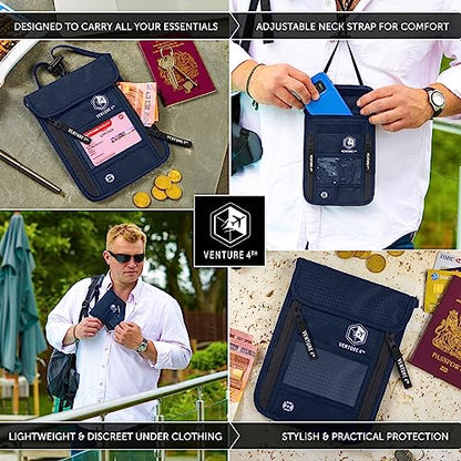 VENTURE 4TH Hidden Neck Pouch for Travel & Quick Dry Towel Set - Ideal Travel Bundle for Vacations, Backpacking and Business Trips - Travel Towel Size XL