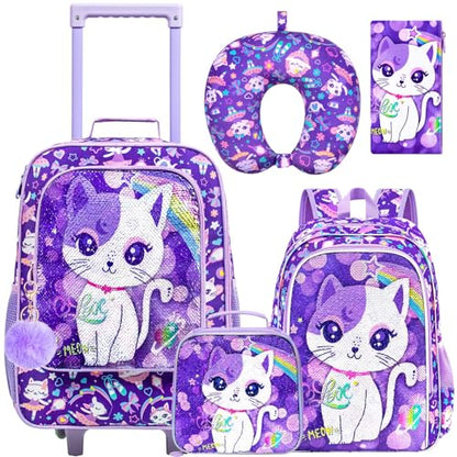 UFNDC 5PCS Kids Suitcase Set for Girls, Cute Sequins Cat Rolling Luggage, Travel Carry-On for Toddlers & Elementary Children - color: Reversible Sequins Cat Luggage 5PCS Set
