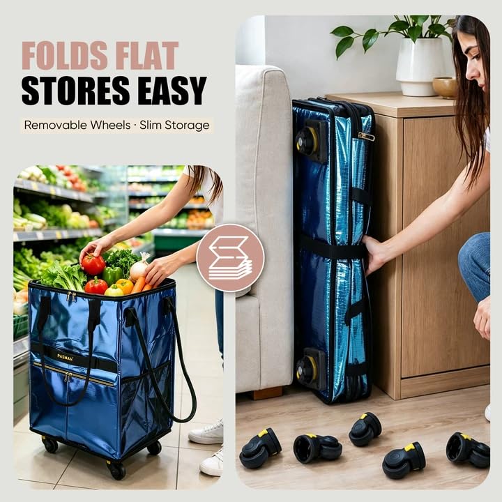 PASMAN Reusable Foldable Rolling Grocery Bag on 5 Wheels,Large,Matte Purple - color: Matte-purple, size: Large