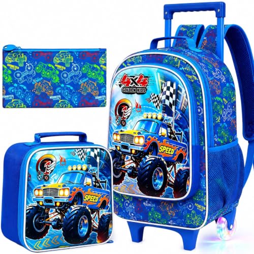 3Pcs Truck Rolling Backpack for Boys, Kids Wheel Backpack with Lunch Box, Lightweight Roller Backpack with Light-Up Wheels for Elementary Preschool Kindergarten (Blue) - color: Truck Blue
