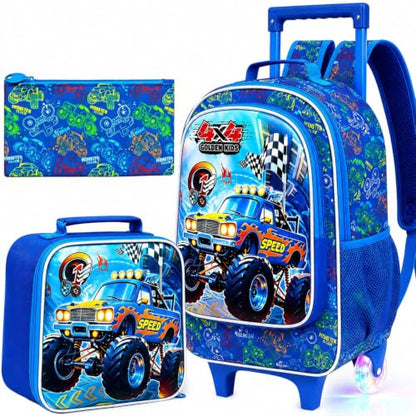 3Pcs Truck Rolling Backpack for Boys, Kids Wheel Backpack with Lunch Box, Lightweight Roller Backpack with Light-Up Wheels for Elementary Preschool Kindergarten (Blue) - color: Truck Blue