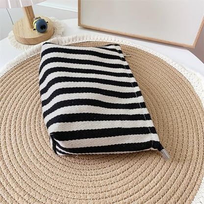 HAPPYHEIDI Aesthetic Makeup Bag Travel Cosmetic Pouch, Striped, Large - color: Black White Striped, size: Large