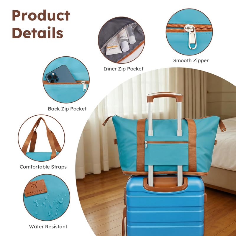 Suitour Luggage Sets 5 Piece, 20, 24, 28 inch Hardside Carry-on and Checked Suitcase Set with Travel Duffle Bag Sets（Blue Brown） - color: Blue Brown, size: 5 Piece Sets(20+24+28)