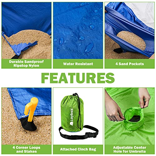Green Water-Resistant, Sandproof 10x9ft Beach Blanket With Umbrella Hole–Beach Mat, Compact and Lightweight, Stuff Sack, 4 Stakes, Sand Pockets, Works with Beach Canopies, Umbrellas, Kids Tents - color: Green, size: 9x10