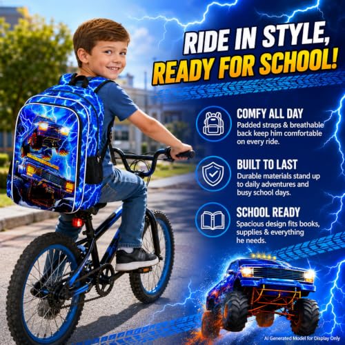 17" Truck Backpack for Boy, 3Pcs Lightning Bookbag for Elementary Preschool Kindergarten, Kids School Thunder Backpacks with Lunch Box (Blue) - color: Turck Blue