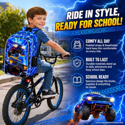 17" Truck Backpack for Boy, 3Pcs Lightning Bookbag for Elementary Preschool Kindergarten, Kids School Thunder Backpacks with Lunch Box (Blue) - color: Turck Blue