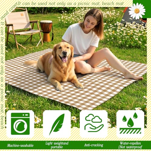 HunnmingRe Gingham Pocket Picnic Blanket Lightweight Portable, Khaki - color: Khaki, style: Gingham