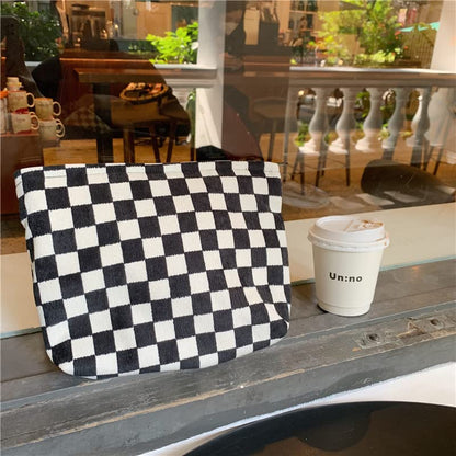 Flat Makeup Bag for Women,Zipper Cosmetic Pouch for Purse,Checkered Black - color: Checkered Black