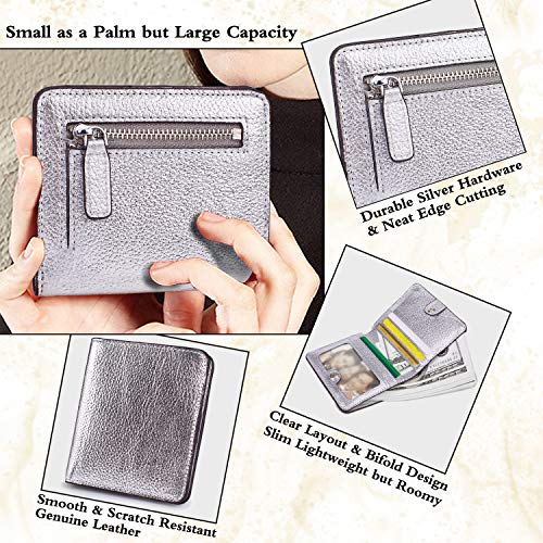Small Leather Wallet for Women, Ladies Credit Card Holder RFID Blocking Women's Mini Bifold Pocket Purse - color: Silver Rfid Blocking