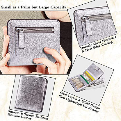 Small Leather Wallet for Women, Ladies Credit Card Holder RFID Blocking Women's Mini Bifold Pocket Purse - color: Silver Rfid Blocking