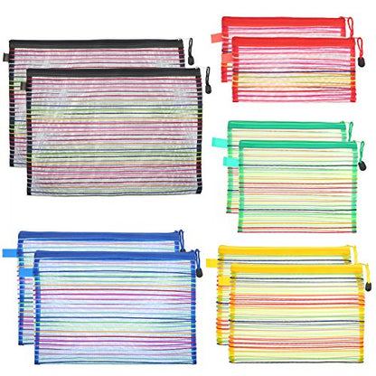 HESTYA 10 Pcs Mesh Zipper Pouch 5 Sizes 5 Colors Travel Storage Bags Bulk