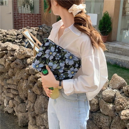 Flat Makeup Bag for Women,Zipper Cosmetic Pouch Purse,Brocade Flower Black - color: Brocade Flower Black
