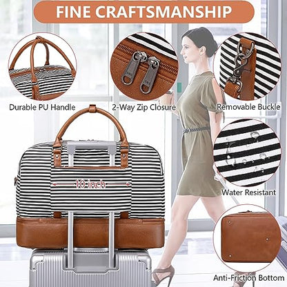 4PCS Weekender Bags for Women Large Overnight Weekend Travel Duffel Bags - color: Black White Stripe
