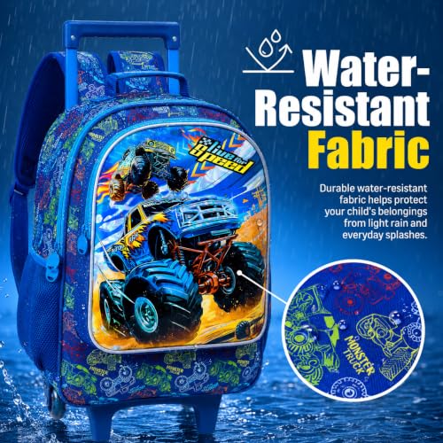 KLFVB Rolling Backpack for Girls Boys, Kids Roller Wheels School Bookbag with Lunch Bag, Wheeled School Bag for Children - color: Upgraded Uv Printing Blue 2*car Rolling Backpack