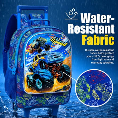 KLFVB Rolling Backpack for Girls Boys, Kids Roller Wheels School Bookbag with Lunch Bag, Wheeled School Bag for Children - color: Upgraded Uv Printing Blue 2*car Rolling Backpack