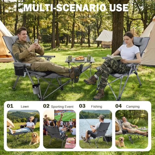 Folding Reclining Camp Chair with Footstool for Camp, Picnic, Lawn, Fishing - color: Grey