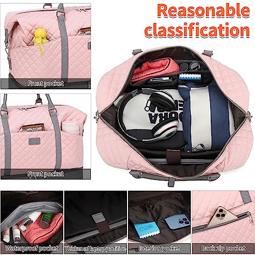Weekender Bag, Large Travel Duffel Bag for Women, Carry on Overnight Bag with Shoe Compartment and Toiletry Bags - color: A-Pink