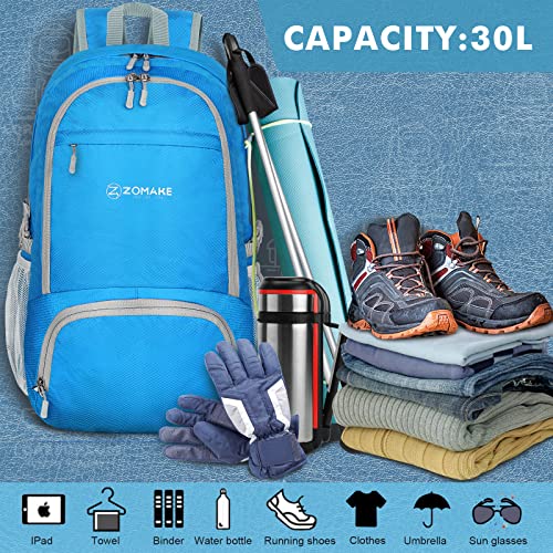ZOMAKE Lightweight Packable Backpack 30L, Foldable Travel Hiking Daypack - color: B-light Blue