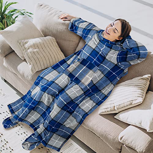 PAVILIA Fleece Blanket with Sleeves, Foot Pockets for Women Men, Plaid Blue - color: Plaid Navy, size: Fleece
