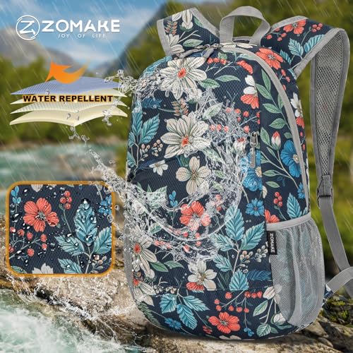 ZOMAKE Lightweight Packable Backpack 20L, Foldable Small Daypack for Hiking - color: Royal Blue, Floral Print