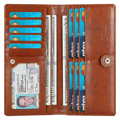 Lavemi Ultra Slim Thin Leather Women Wallet RFID Blocking Credit Card Holder Bifold Long Ladies Billfold - color: 1-waxed Brown