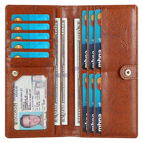 Lavemi Ultra Slim Thin Leather Women Wallet RFID Blocking Credit Card Holder Bifold Long Ladies Billfold - color: 1-waxed Brown