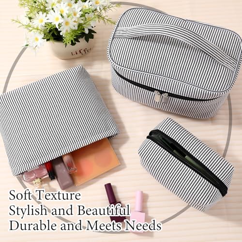 Huhumy 3Pieces Cute Seersucker Makeup Bag Set for Women, Black, Stripe - color: Black, style: Stripe