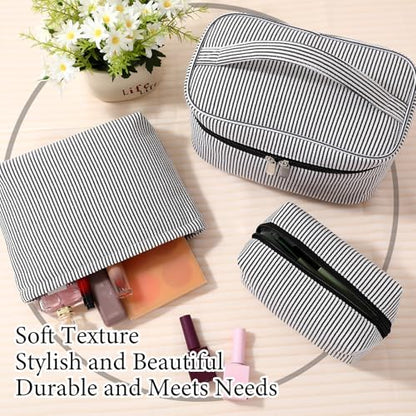 Huhumy 3Pieces Cute Seersucker Makeup Bag Set for Women, Black, Stripe - color: Black, style: Stripe