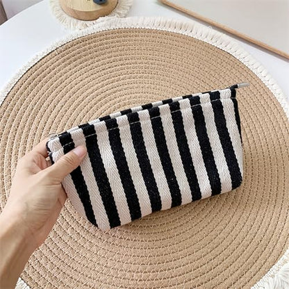 HAPPYHEIDI Aesthetic Makeup Bag Travel Cosmetic Pouch, Striped, Medium - color: Black White Striped, size: Medium