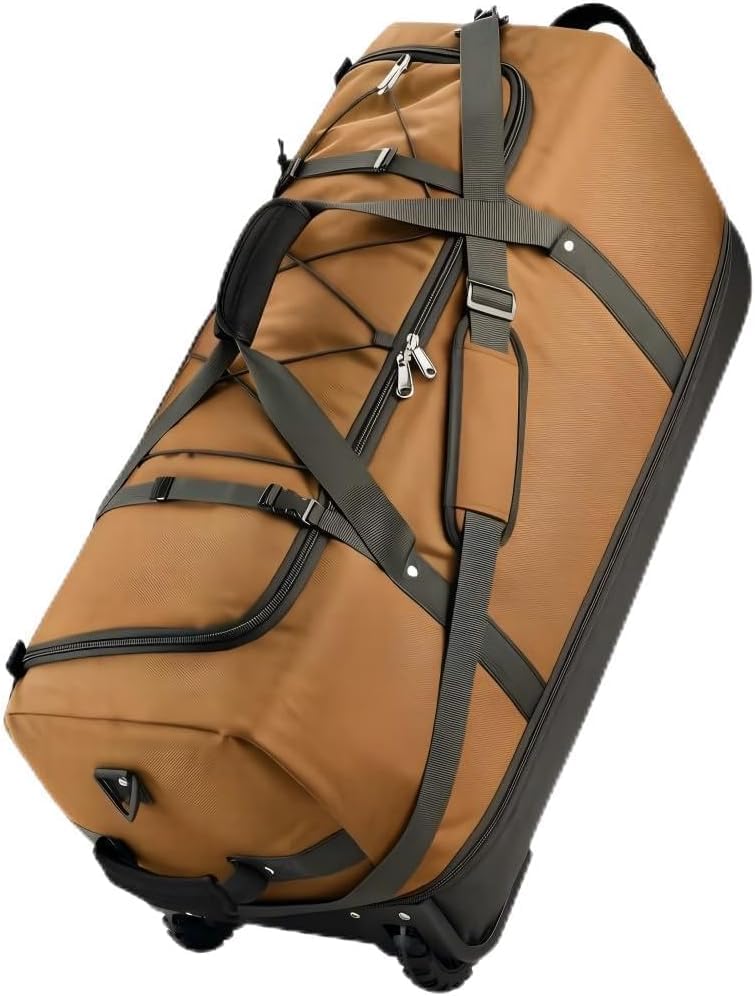 Rolling Duffle Bag with Wheels,110L/140L Expandable Soft-Sided Foldable Duffle Bag with 2 Rubber Wheels,Packable 32” Rolling Carry-On with Multi-Pockets & Compartments,(brown) - color: brown