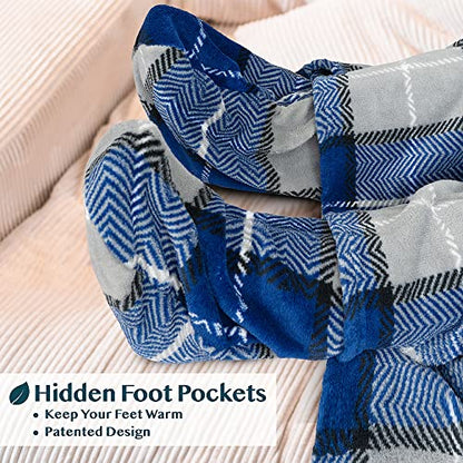PAVILIA Fleece Blanket with Sleeves, Foot Pockets for Women Men, Plaid Blue - color: Plaid Navy, size: Fleece