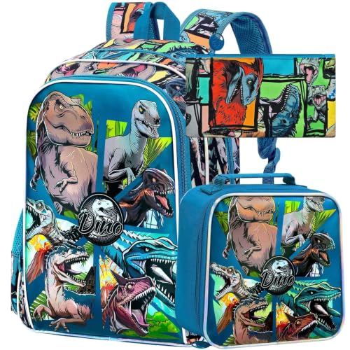 CCJPX 3Pcs Backpack for Boys, 16 Inch Preschool Elementary Kindergarten School Backpacks and Lunch Box - color: Aa1-dinosaur Blue