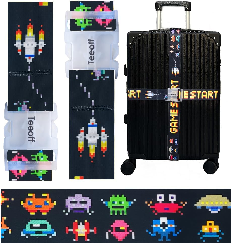 Teeoff 2 Pack Elastic Luggage Straps Adjustable Suitcase Belts Travel Bag Accessories 220CM (Pixel Art: Game Start!) - color: Pixel Art: Game Start!