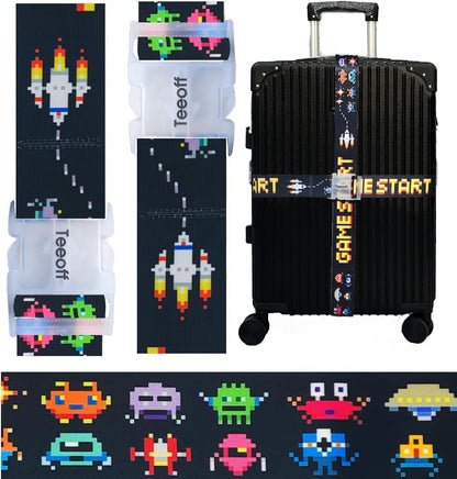 Teeoff 2 Pack Elastic Luggage Straps Adjustable Suitcase Belts Travel Bag Accessories 220CM (Pixel Art: Game Start!) - color: Pixel Art: Game Start!