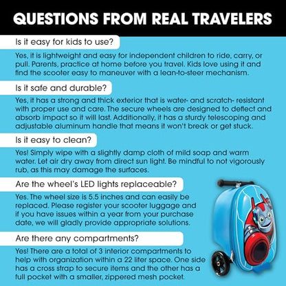 KIDDIETOTES Boys Ride-On Scooter Luggage, Hardside Travel Carry-On Suitcase - style: Superhero Robot