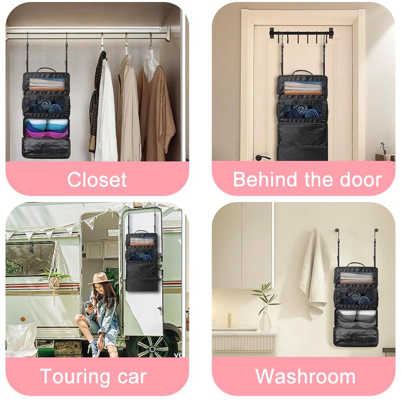 Hanging Suitcase Organizer with Laundry Bag, Travel Packing Cubes, Collapsible Portable Closet Shelves, Polyester, Black, Small