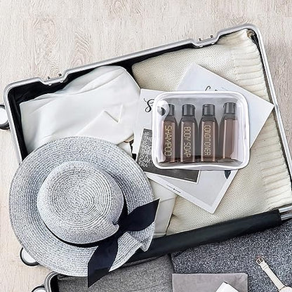 Cosywell 4 Pack 3.4 oz Preprinted Travel Bottles for Toiletries - color: 3.4oz Brown - 3 Labeled 1 Blank